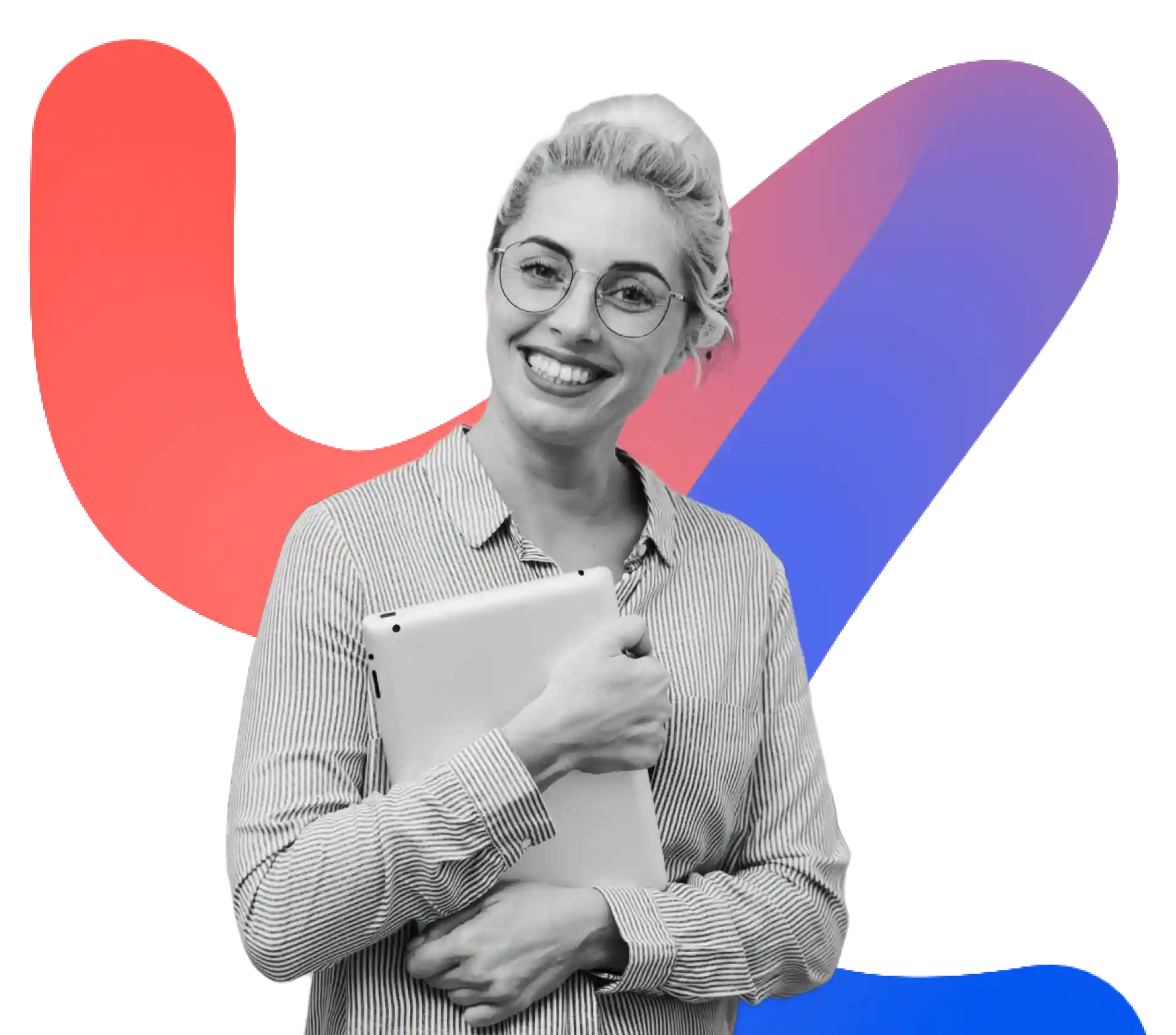 A smiling woman holding a tablet, dressed in a striped shirt, against a colorful background with red and blue abstract shapes.